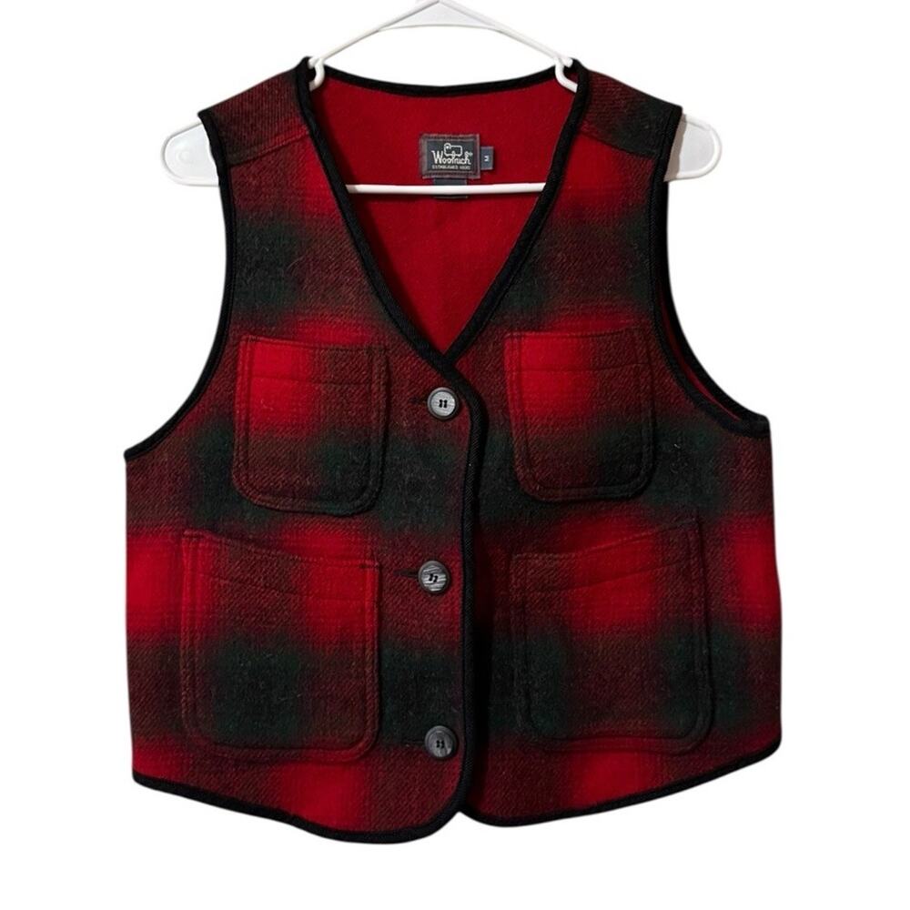 Woolrich Vest Women Size Medium Red Black Plaid Wool Blend Button 90s‎ VTG USA
